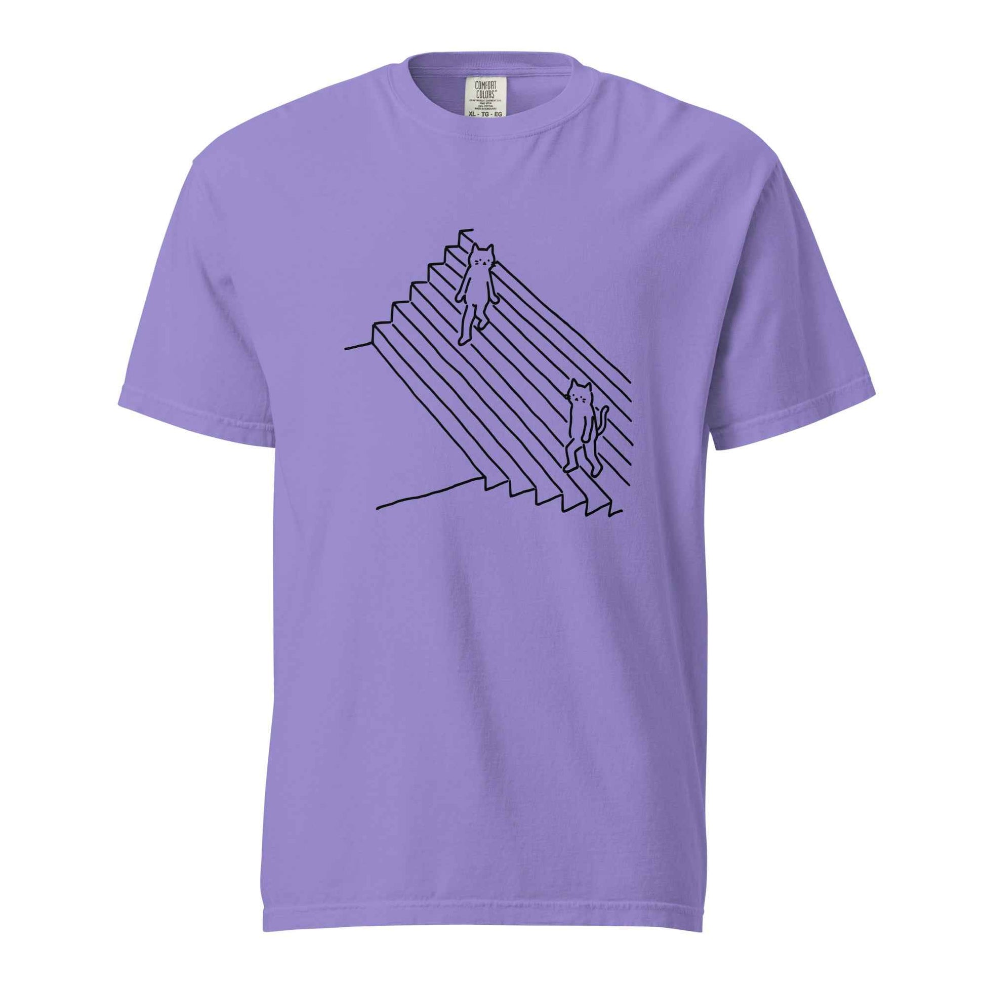 Minimalist Cat T-Shirt, Funny Stairs Line Art Tee