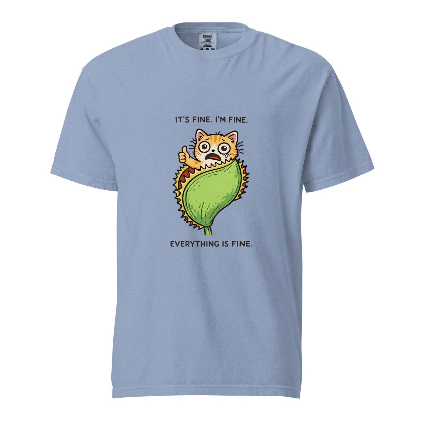 Washed denim blue It's Fine Everything Is Fine cat graphic t-shirt - funny anxious cat meme tee