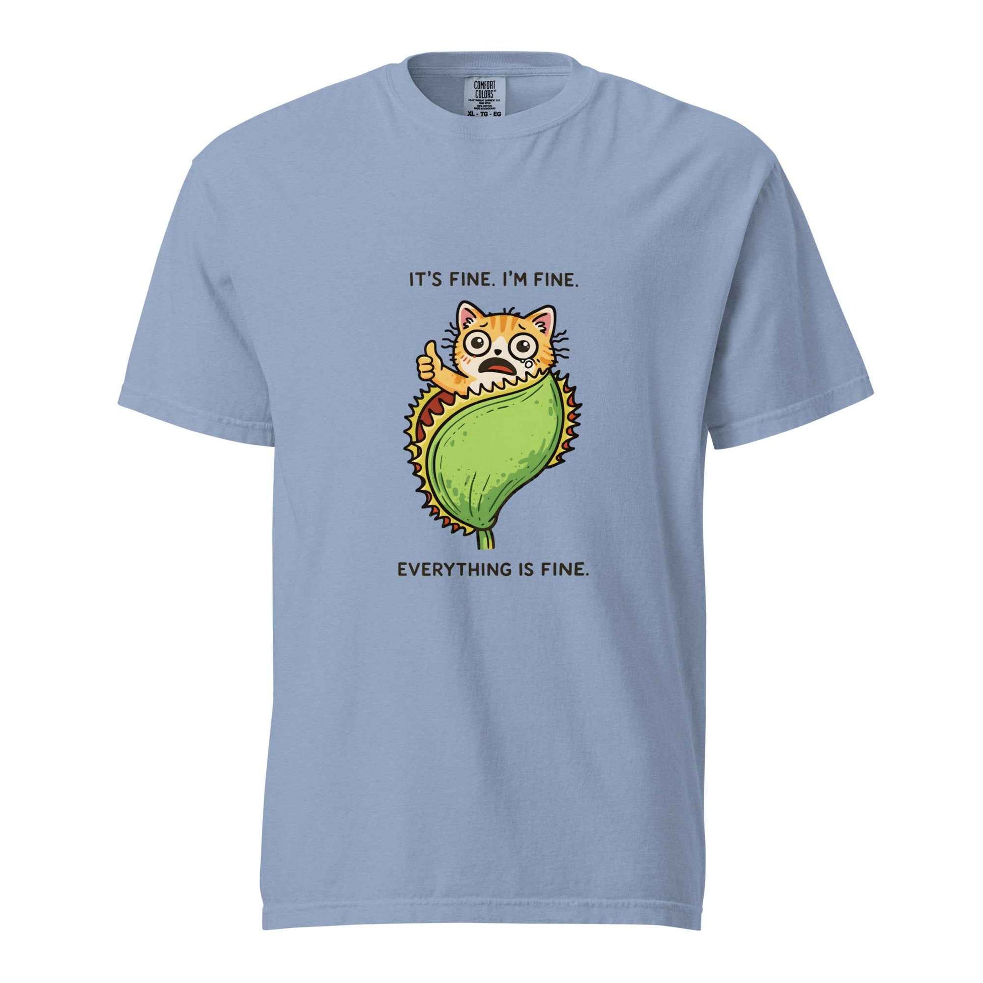 Washed denim blue It's Fine Everything Is Fine cat graphic t-shirt - funny anxious cat meme tee
