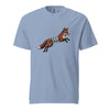 Washed denim blue Spring-Loaded Slinky Fox graphic tee - fox playing with slinky art shirt