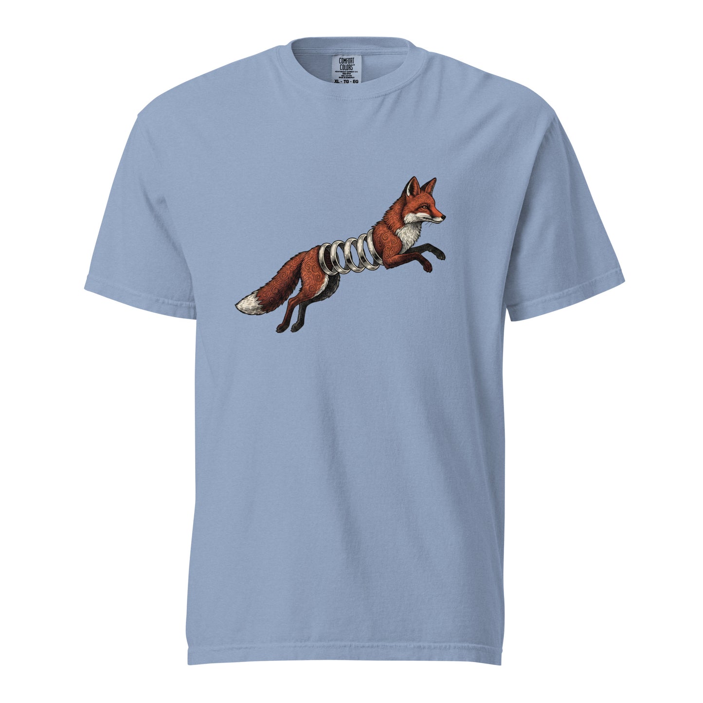 Washed denim blue Spring-Loaded Slinky Fox graphic tee - fox playing with slinky art shirt