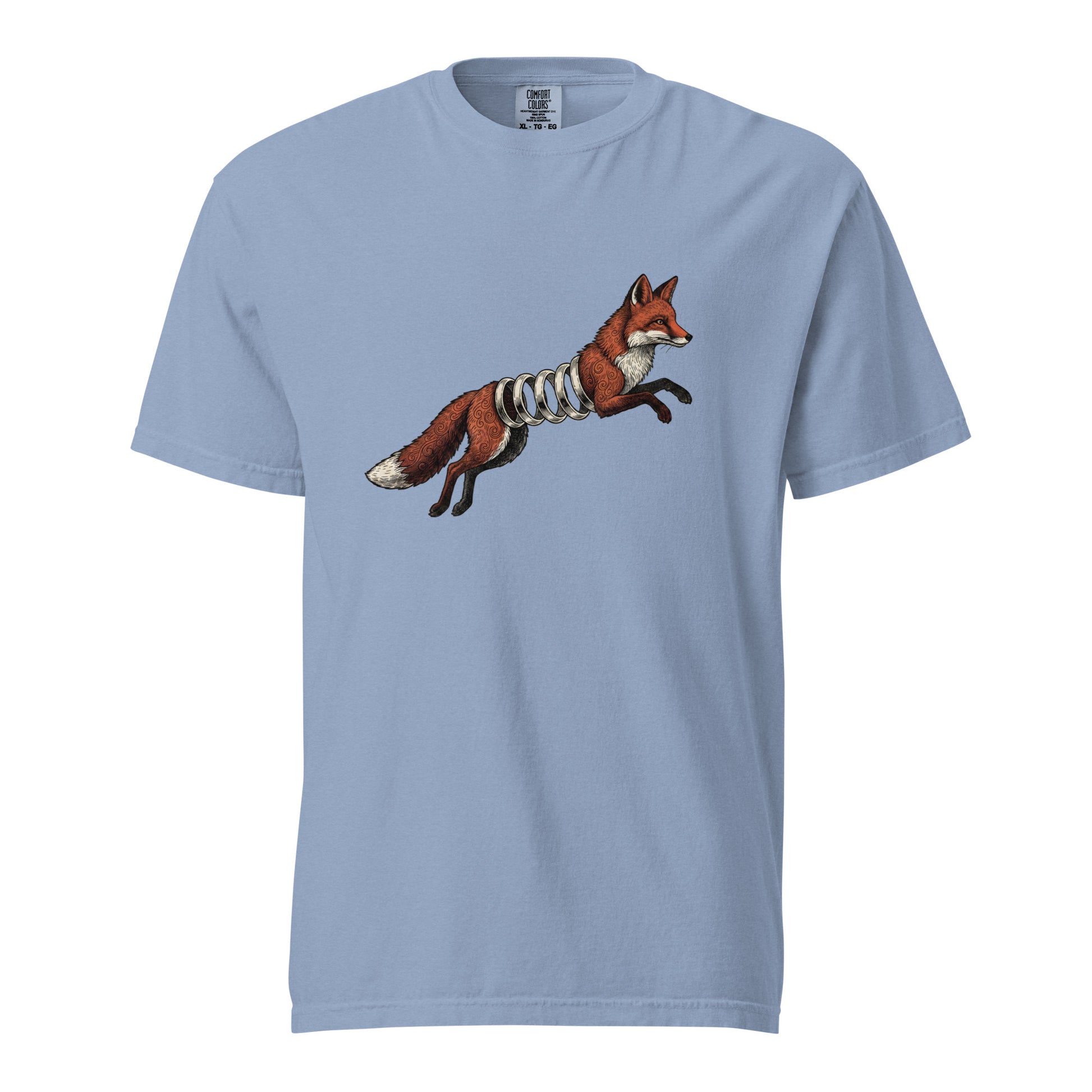 Washed denim blue Spring-Loaded Slinky Fox graphic tee - fox playing with slinky art shirt