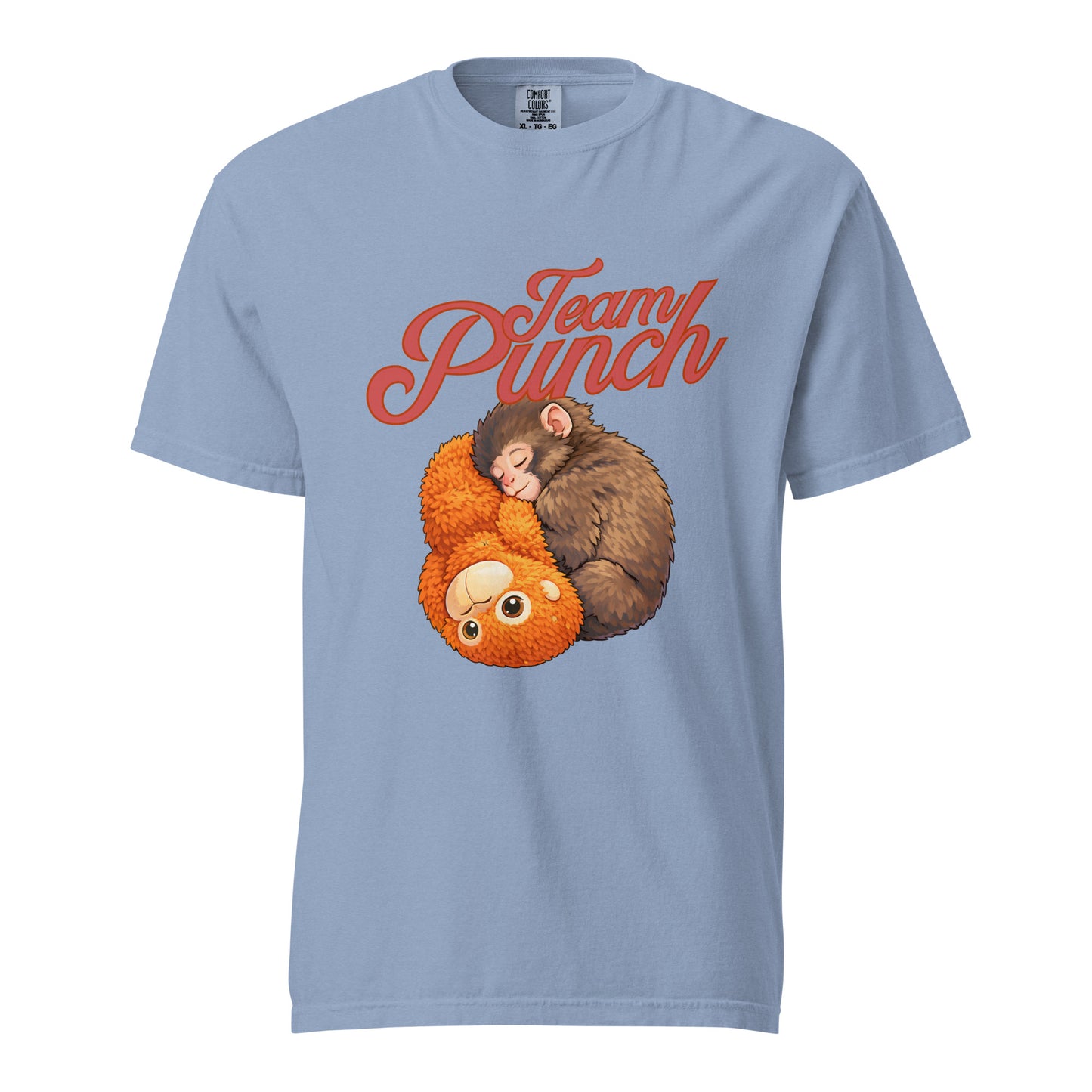 Light blue t-shirt with cartoon monkeys and 'Team Punch' text on a white background