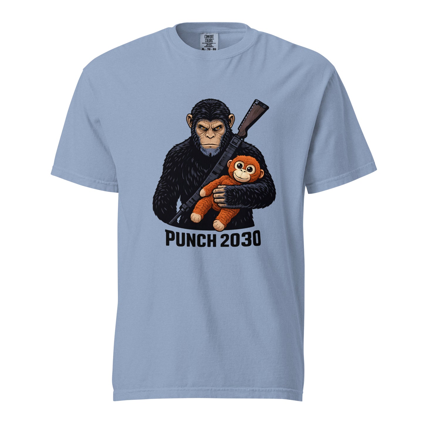 Light blue Rise of Punch 2030 baby monkey with plushie graphic tee - viral punch monkey meme parody