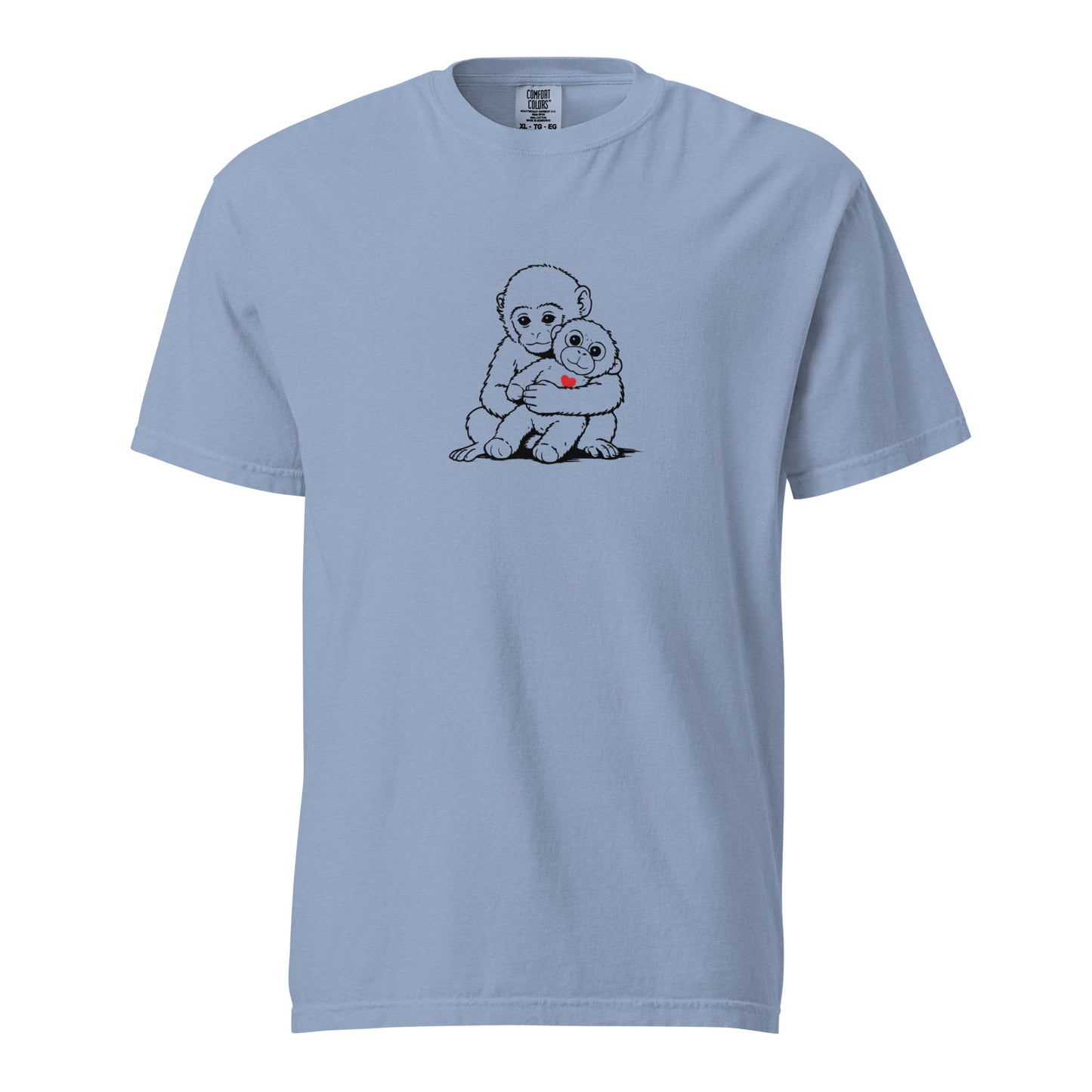 Light blue Monkey Punch minimalist art t-shirt with baby macaque heart design - viral monkey punch minimalist art