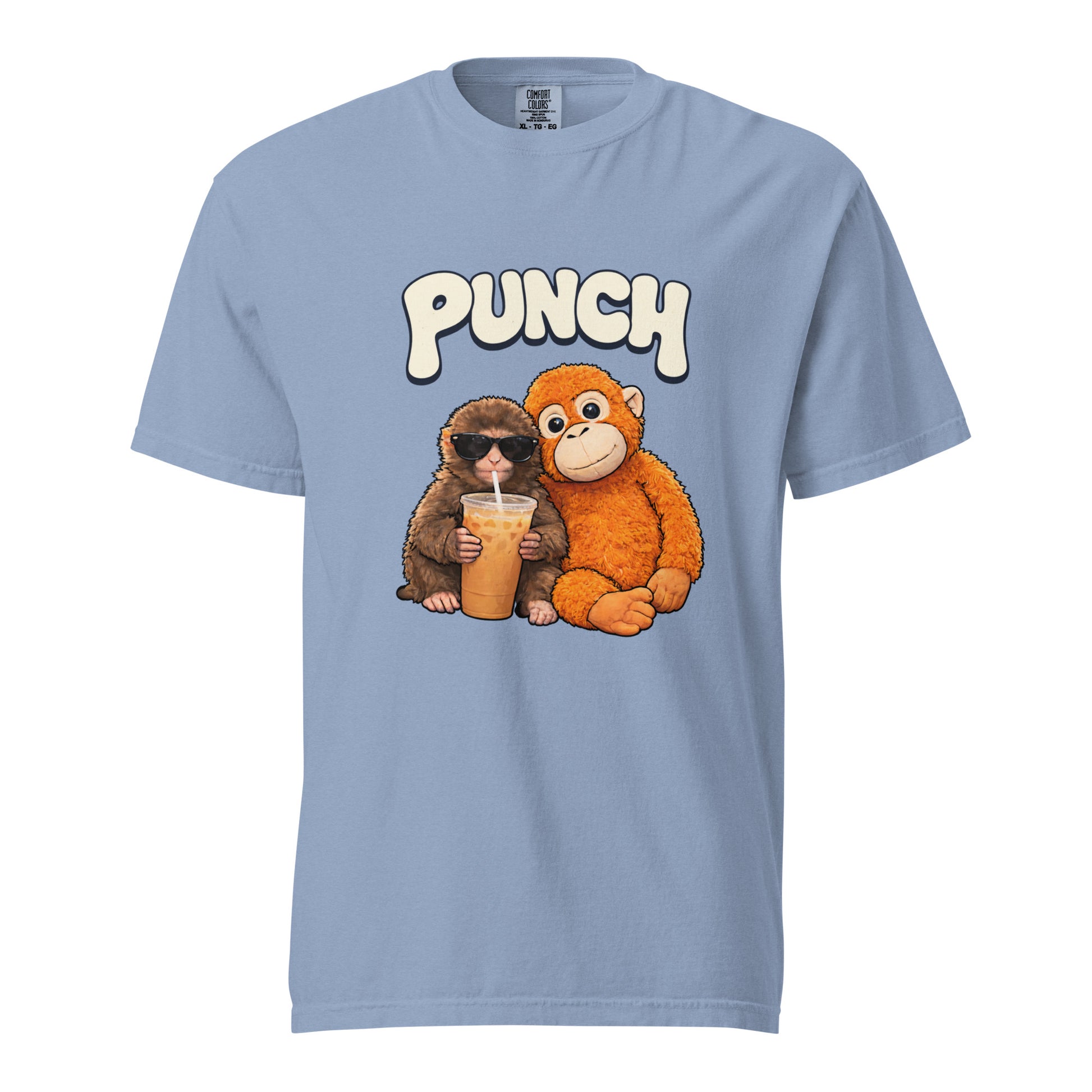 Light blue t-shirt with cartoon monkeys and 'PUNCH' text on a white background
