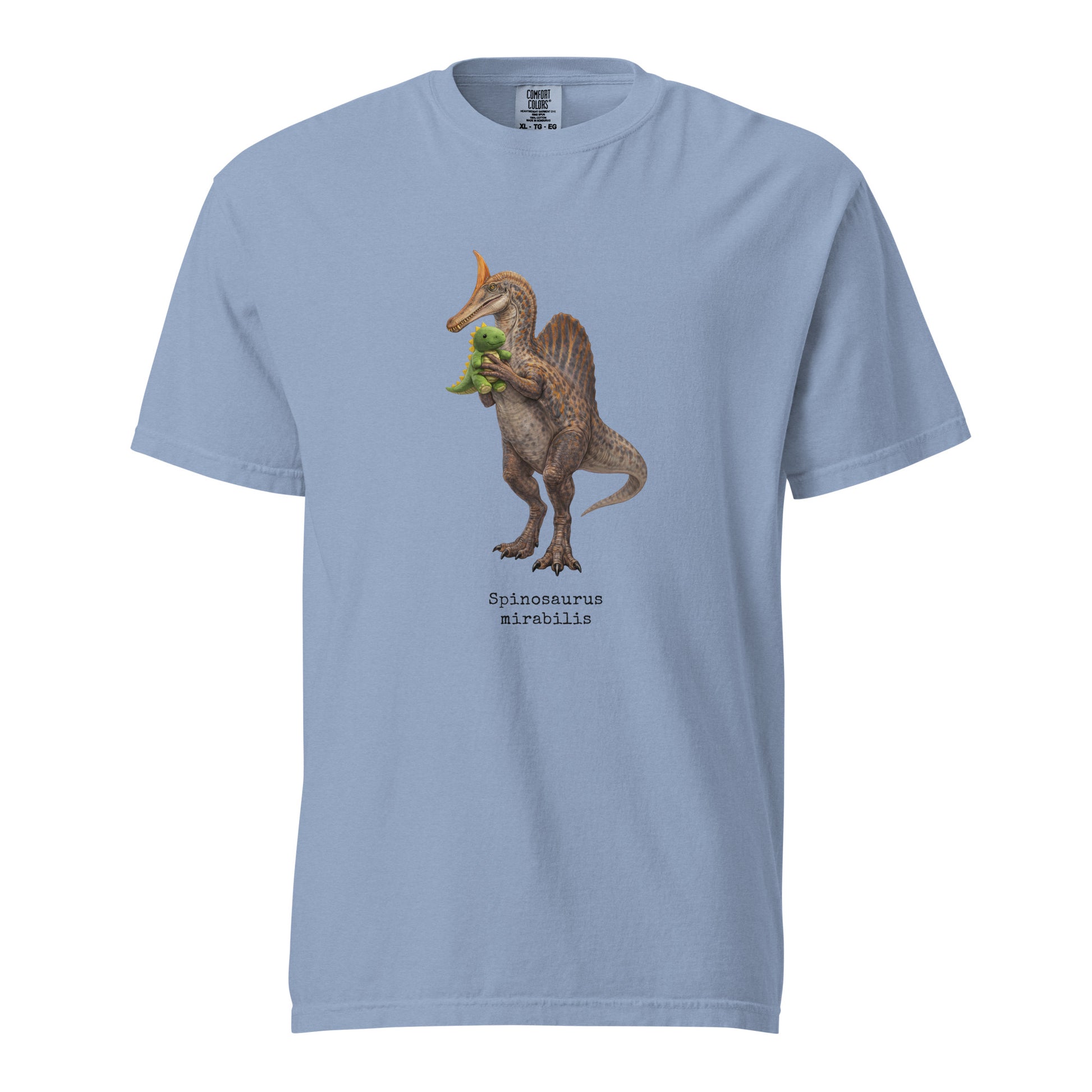 Light blue t-shirt with a Spinosaurus mirabilis and a plush toy on a white background