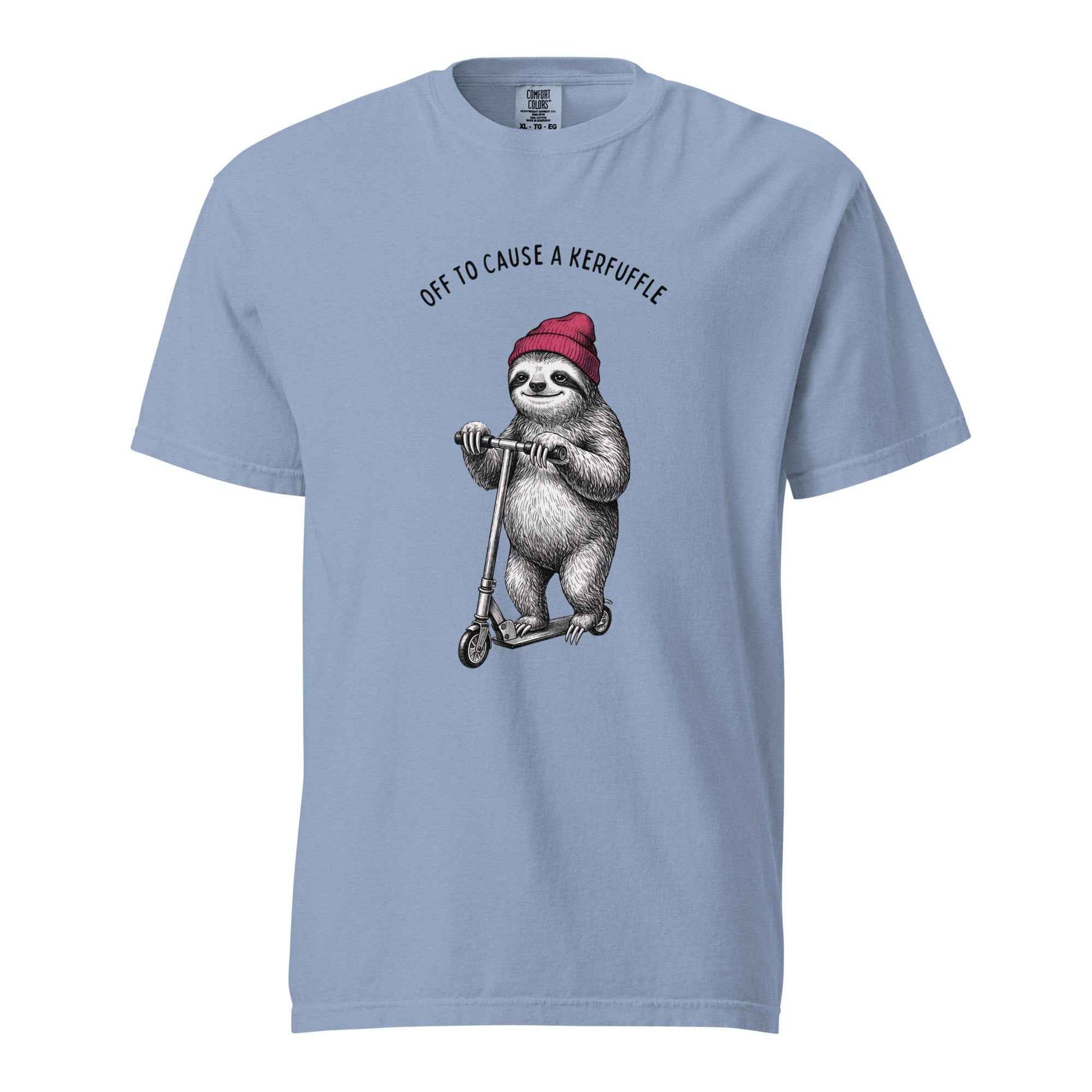 Off to Cause a Kerfuffle Funny Sloth Scooter T-Shirt Washed Denim