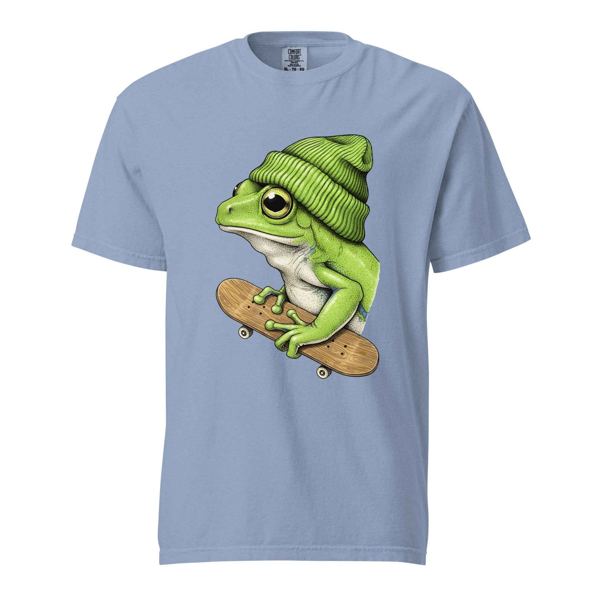 Skateboarding Frog T-Shirt - Funny Frog Skater Graphic Tee Washed Denim