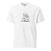 White Monkey Punch minimalist art t-shirt with baby macaque and plushie graphic - punch monkey meme shirt