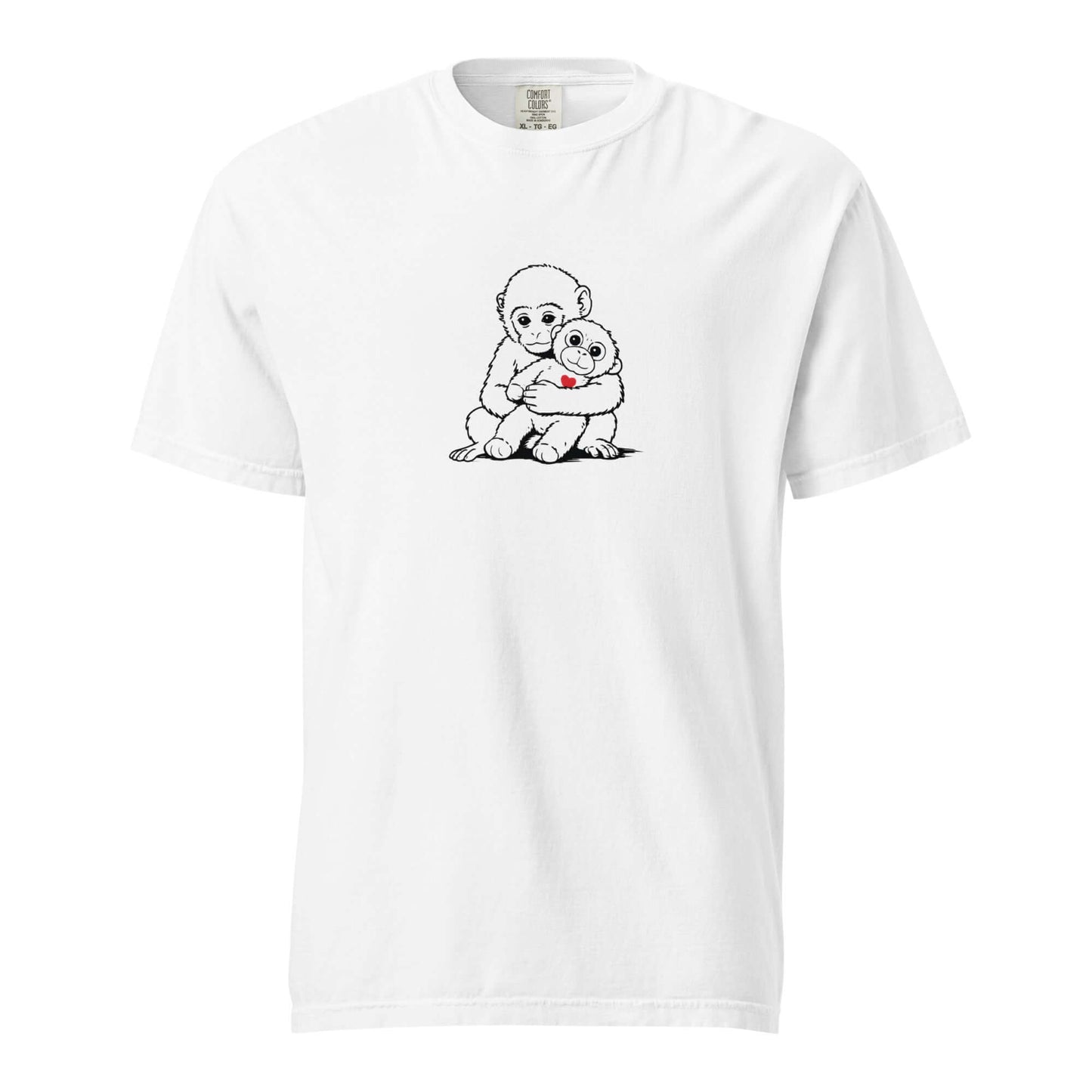 White Monkey Punch minimalist art t-shirt with baby macaque and plushie graphic - punch monkey meme shirt