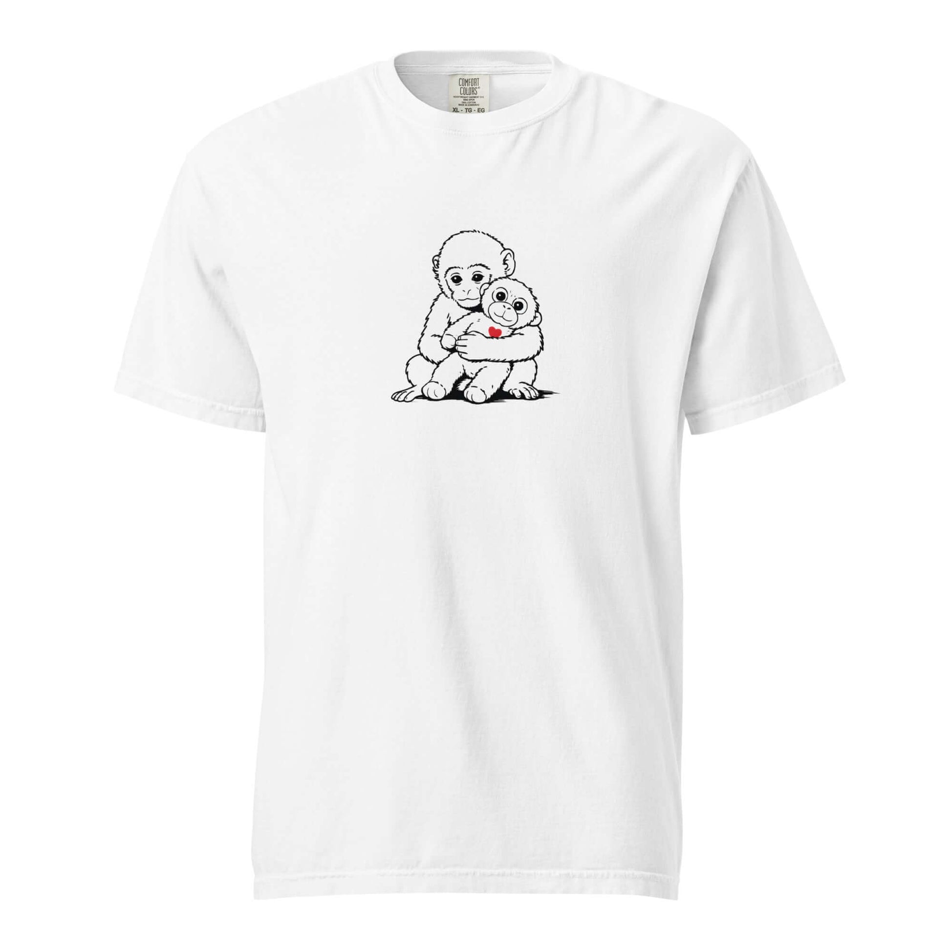 White Monkey Punch minimalist art t-shirt with baby macaque and plushie graphic - punch monkey meme shirt