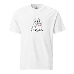 White t-shirt with a graphic of two monkeys holding each other on a white background