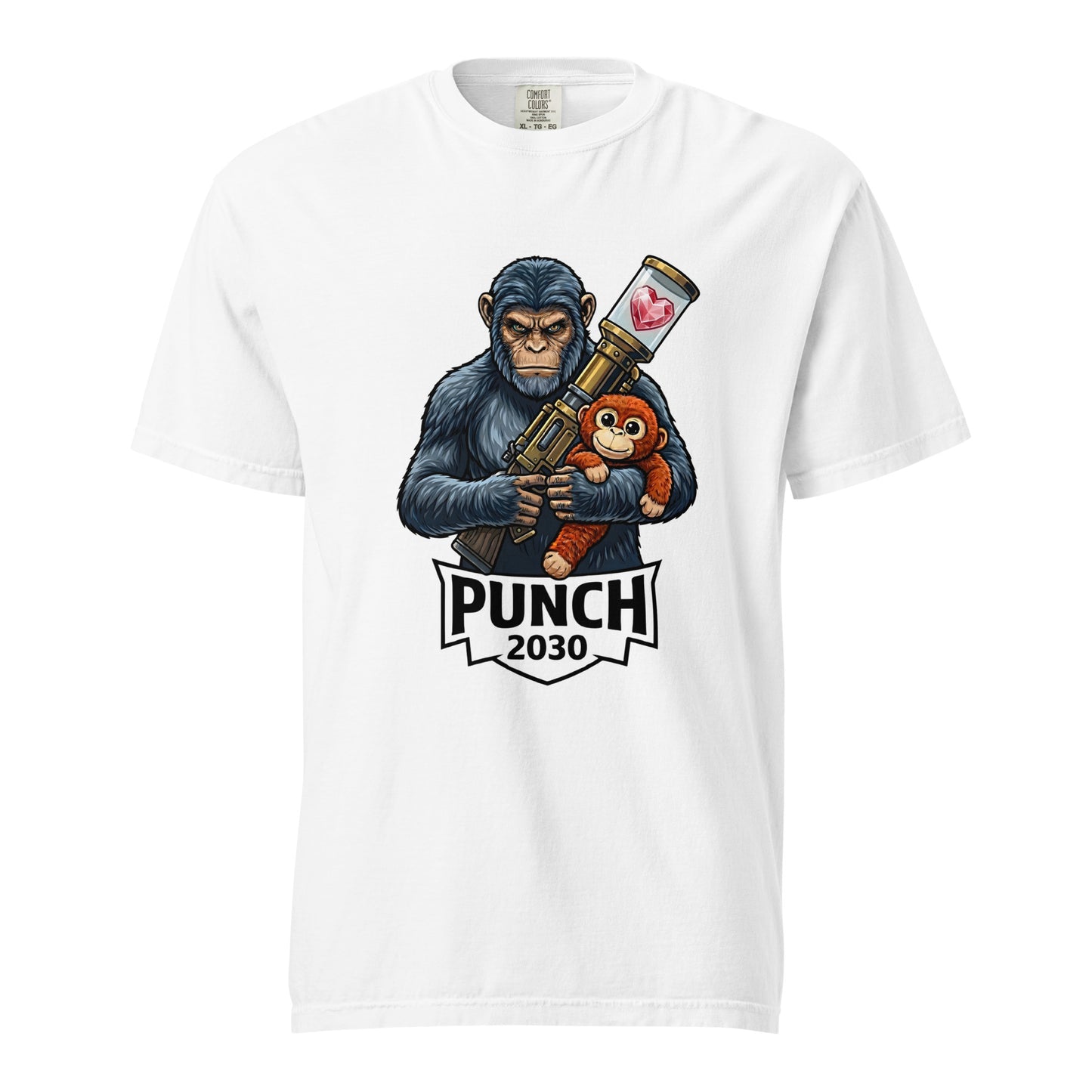 White Punch 2030 Heart Core warrior monkey graphic tee - punch monkey meme shirt