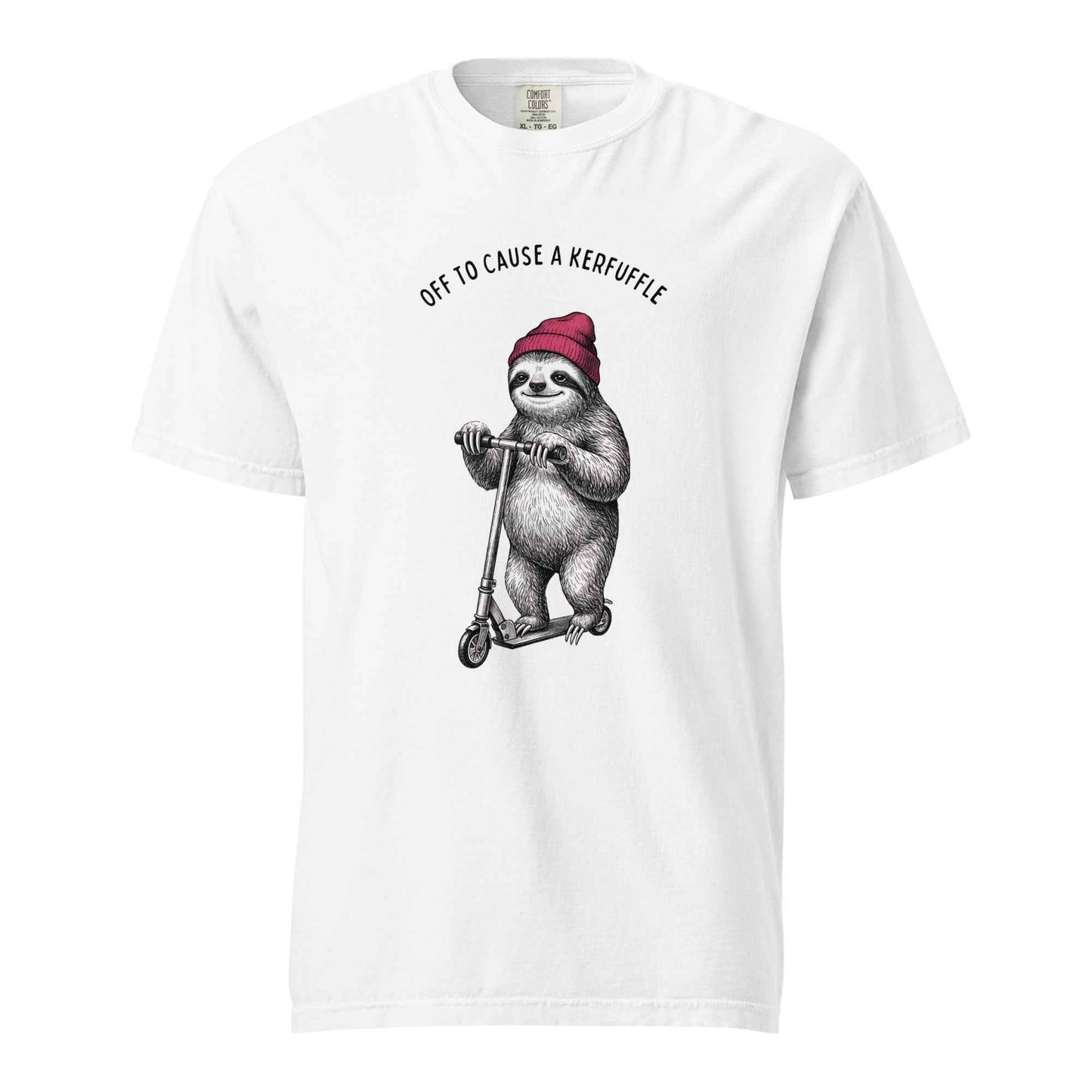 Off to Cause a Kerfuffle Funny Sloth Scooter T-Shirt White