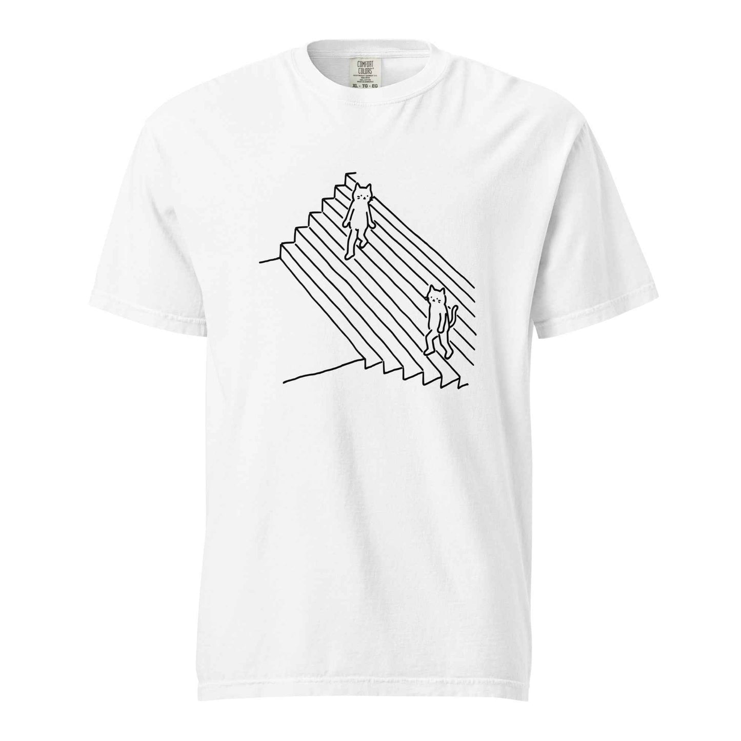 Minimalist Cat T-Shirt, Funny Stairs Line Art Tee