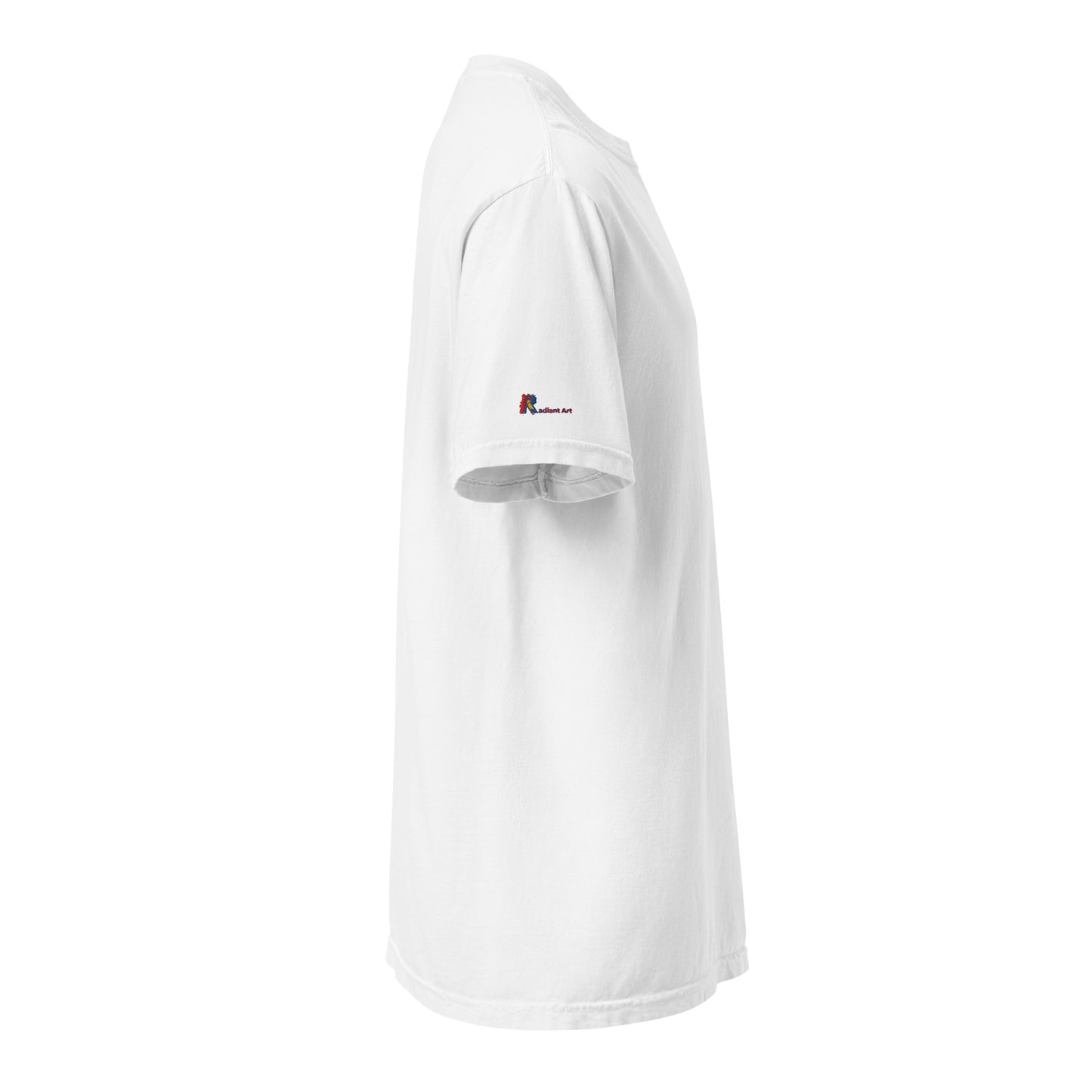 A white short-sleeve crewneck t-shirt shown from a side profile view on a solid white background, featuring a small red and blue logo on the left sleeve.