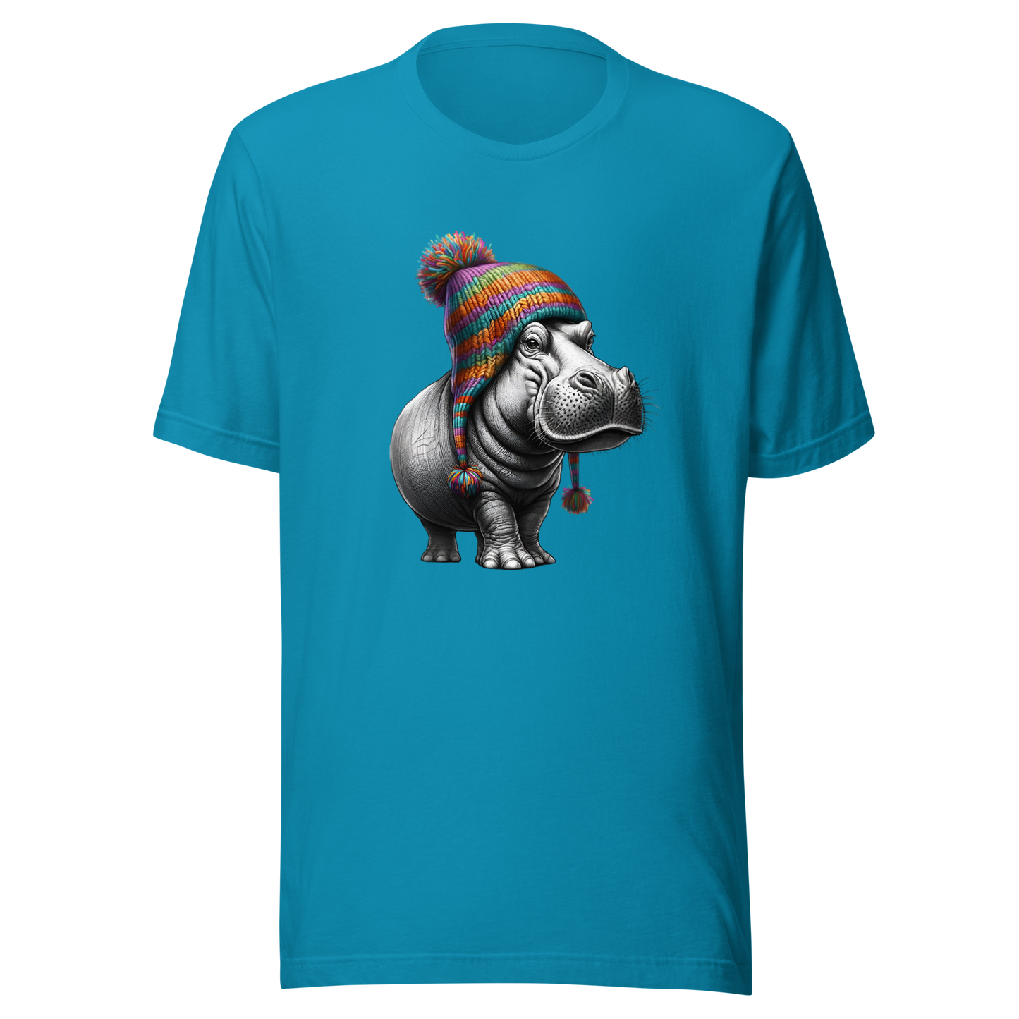 Unisex Novelty Hippo Graphic T-Shirt with Colorful Beanie