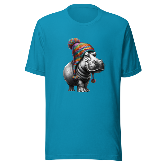 Unisex Novelty Hippo Graphic T-Shirt with Colorful Beanie