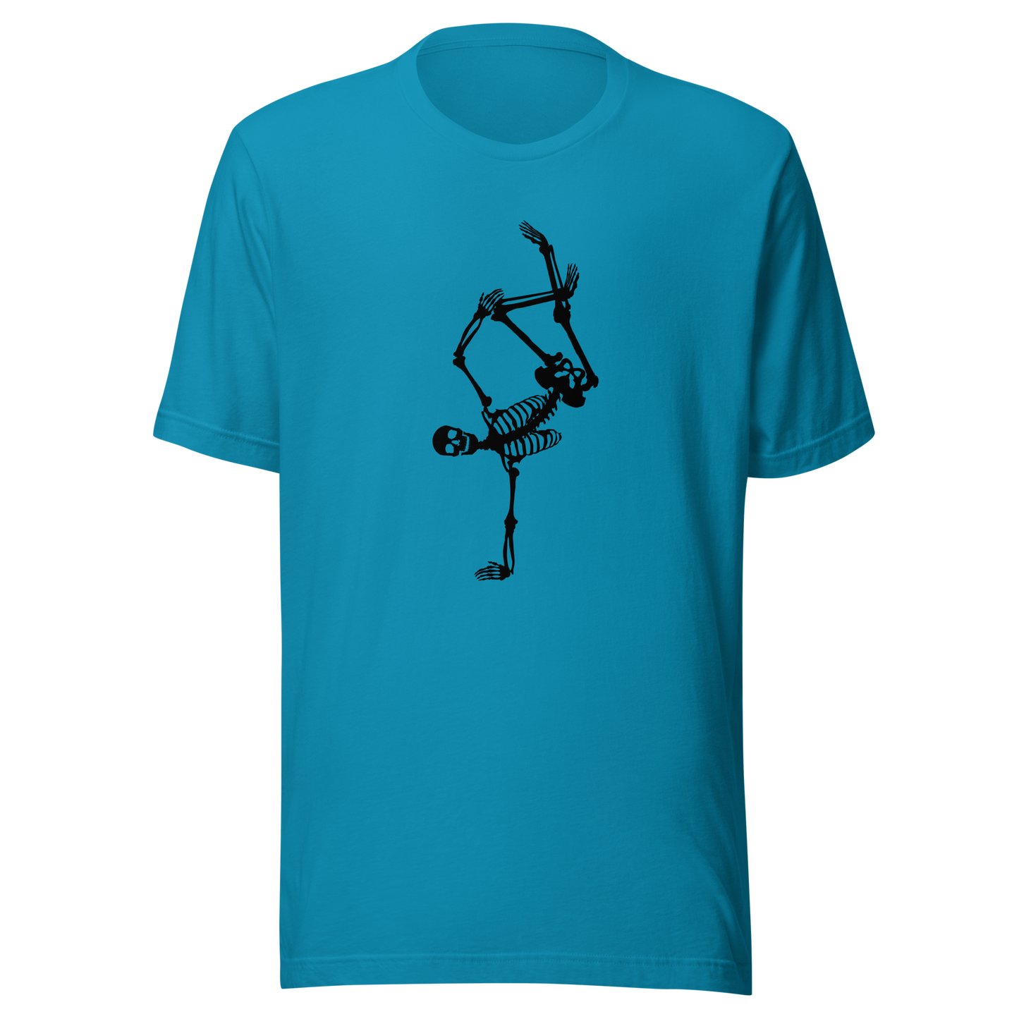 Unisex t-shirt with skeleton doing a handstand