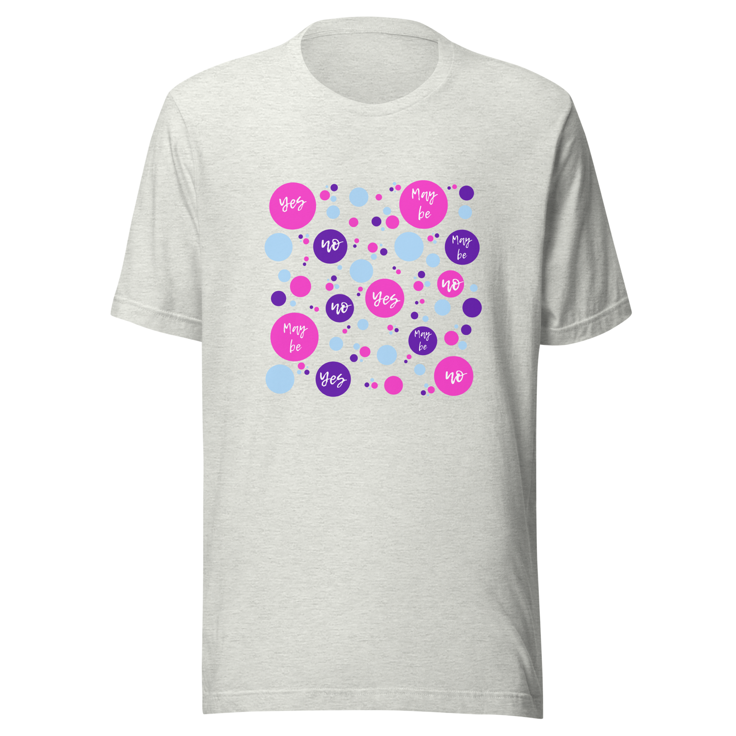 Unisex t-shirt with circles and words "Yes, No, Maybe"