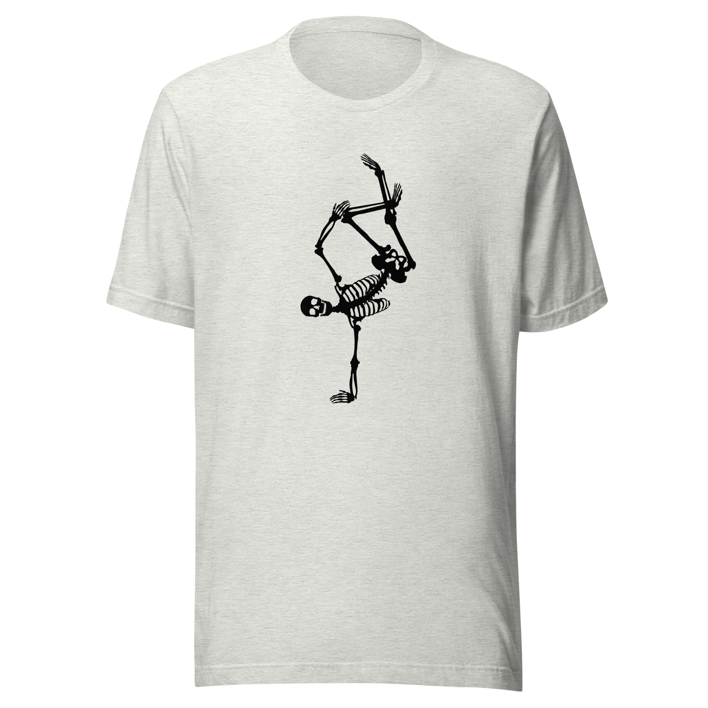 Unisex t-shirt with skeleton doing a handstand