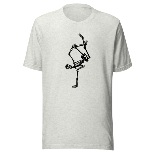 Unisex t-shirt with skeleton doing a handstand
