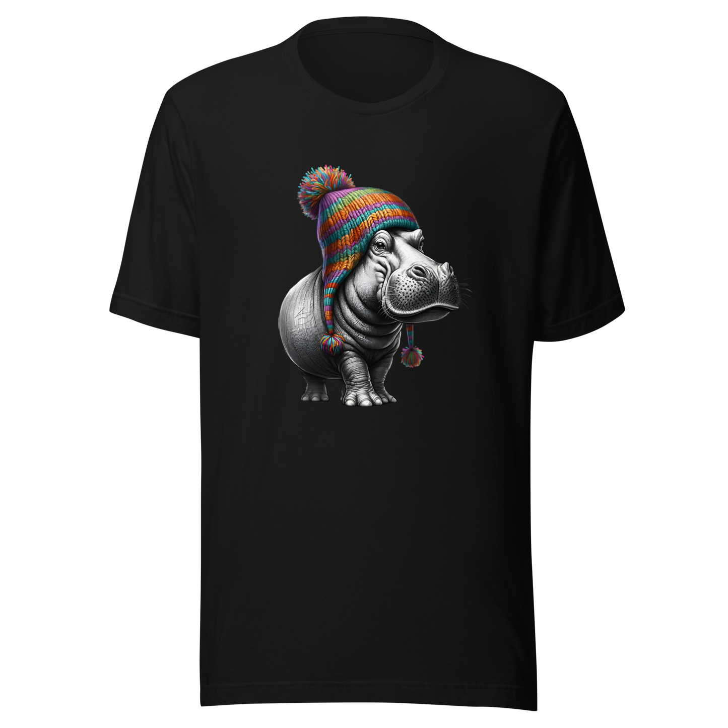 Unisex Novelty Hippo Graphic T-Shirt with Colorful Beanie