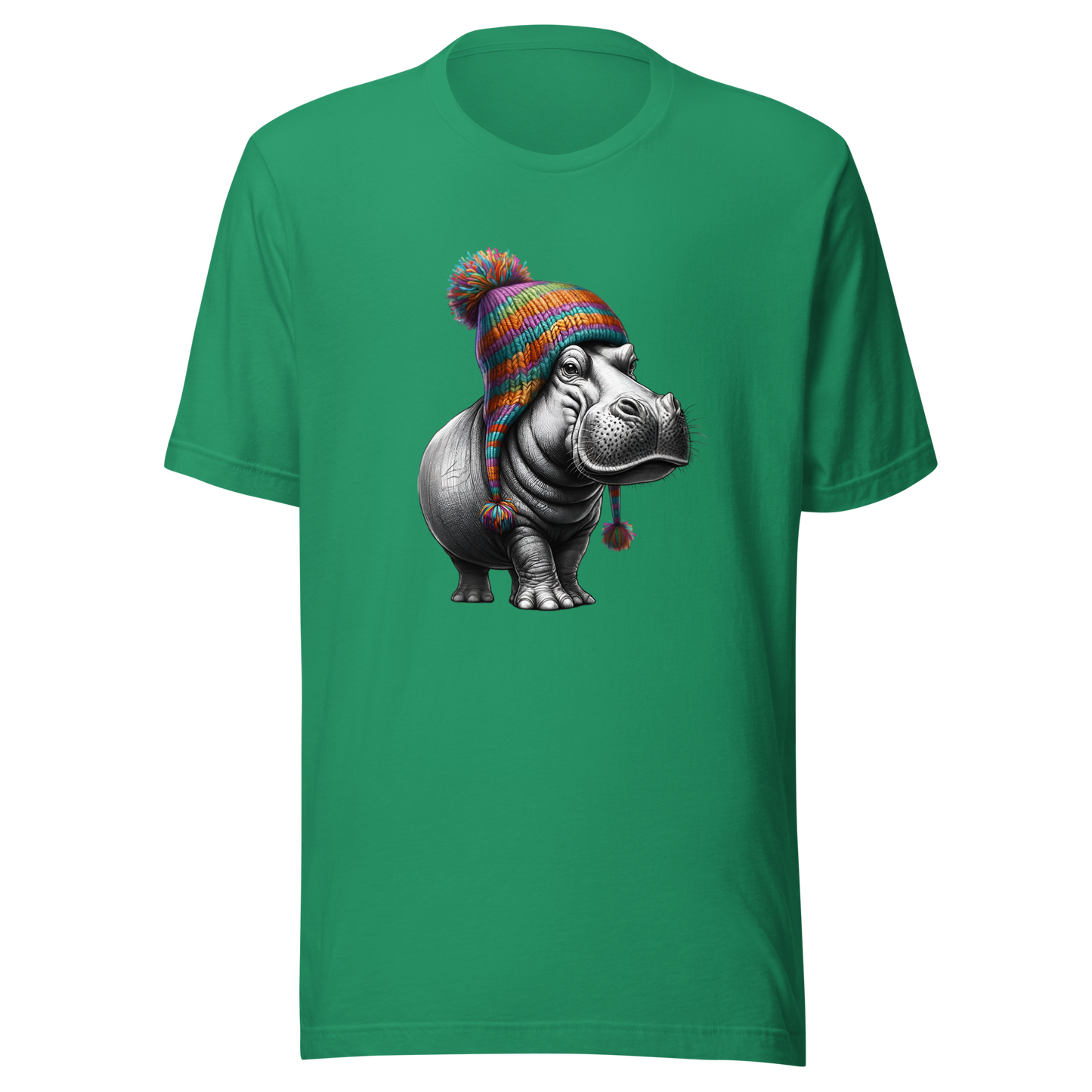 Unisex Novelty Hippo Graphic T-Shirt with Colorful Beanie