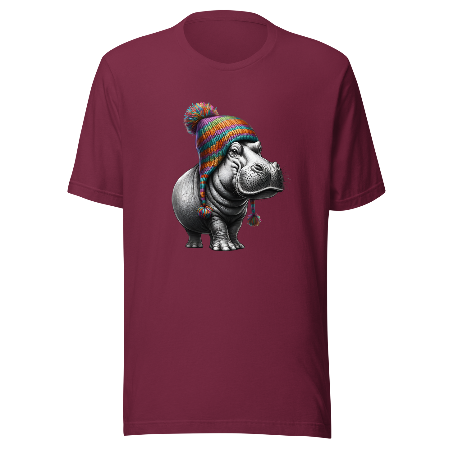 Unisex Novelty Hippo Graphic T-Shirt with Colorful Beanie