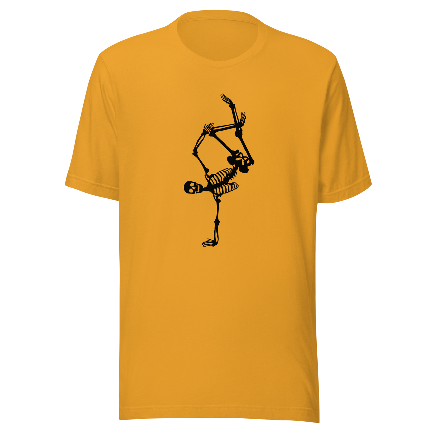 Unisex t-shirt with skeleton doing a handstand