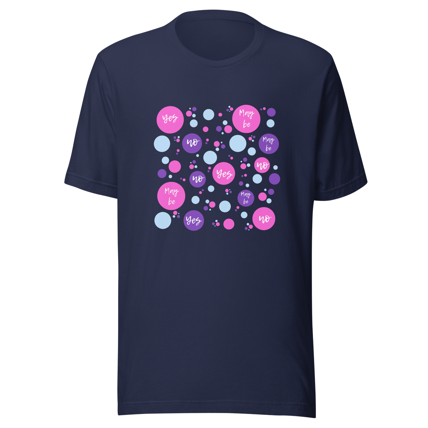 Unisex t-shirt with circles and words "Yes, No, Maybe"