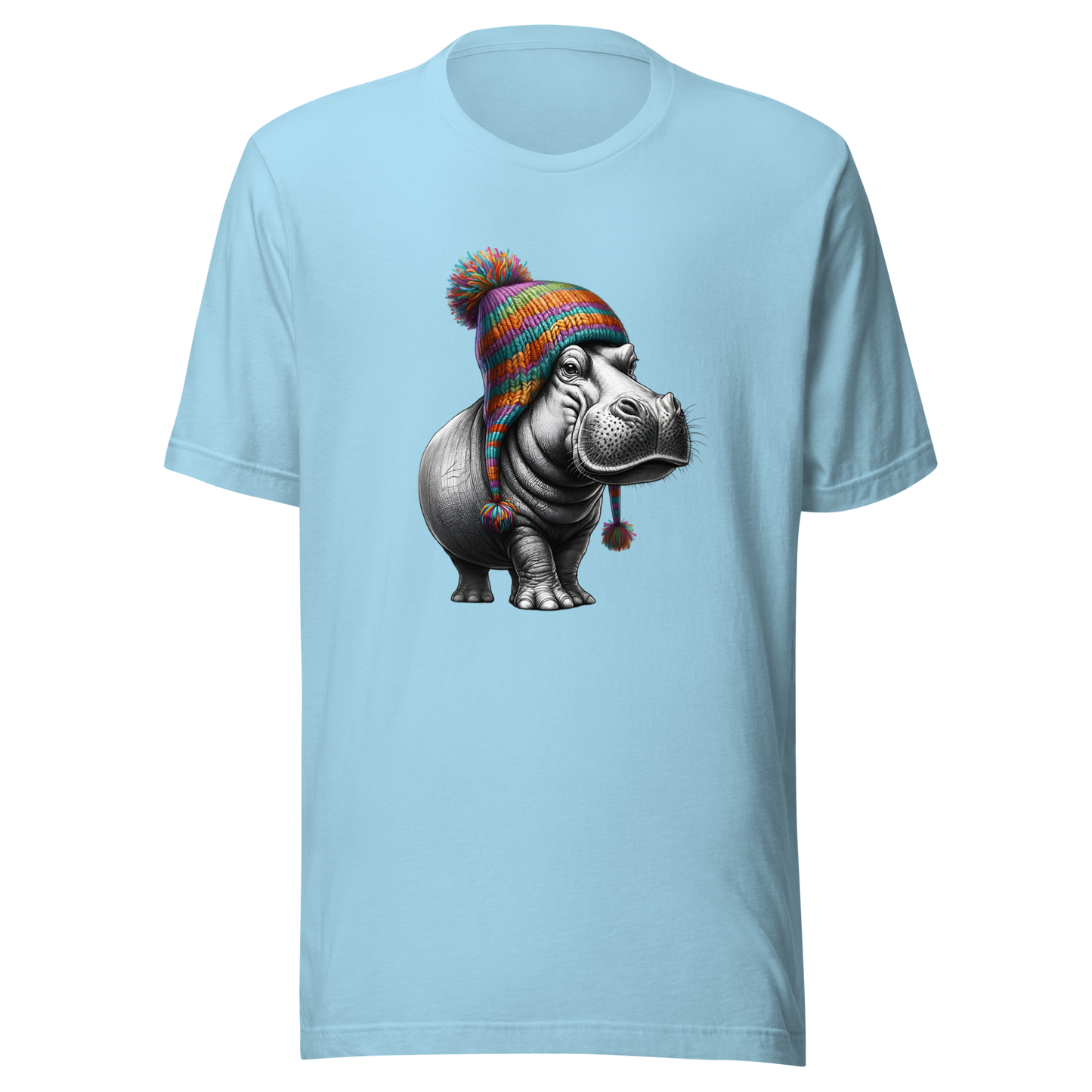 Unisex Novelty Hippo Graphic T-Shirt with Colorful Beanie