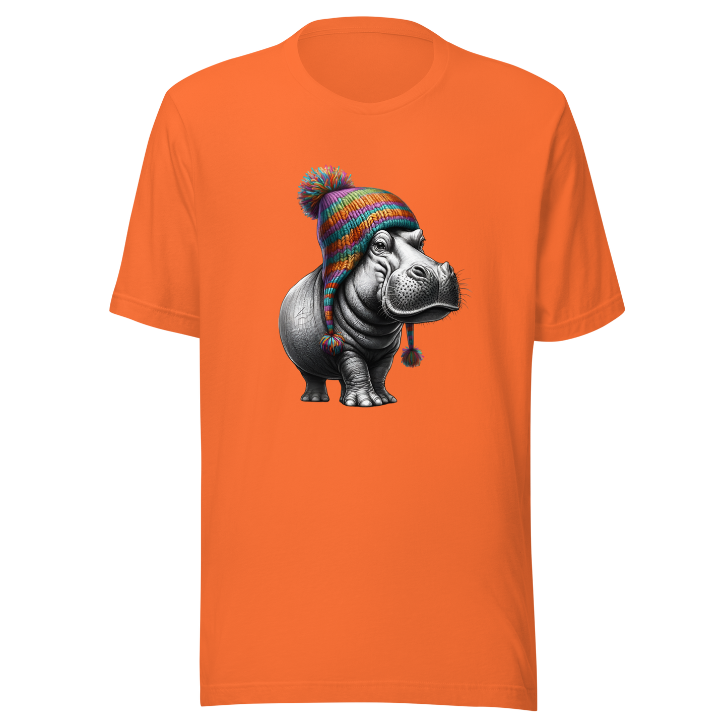 Unisex Novelty Hippo Graphic T-Shirt with Colorful Beanie