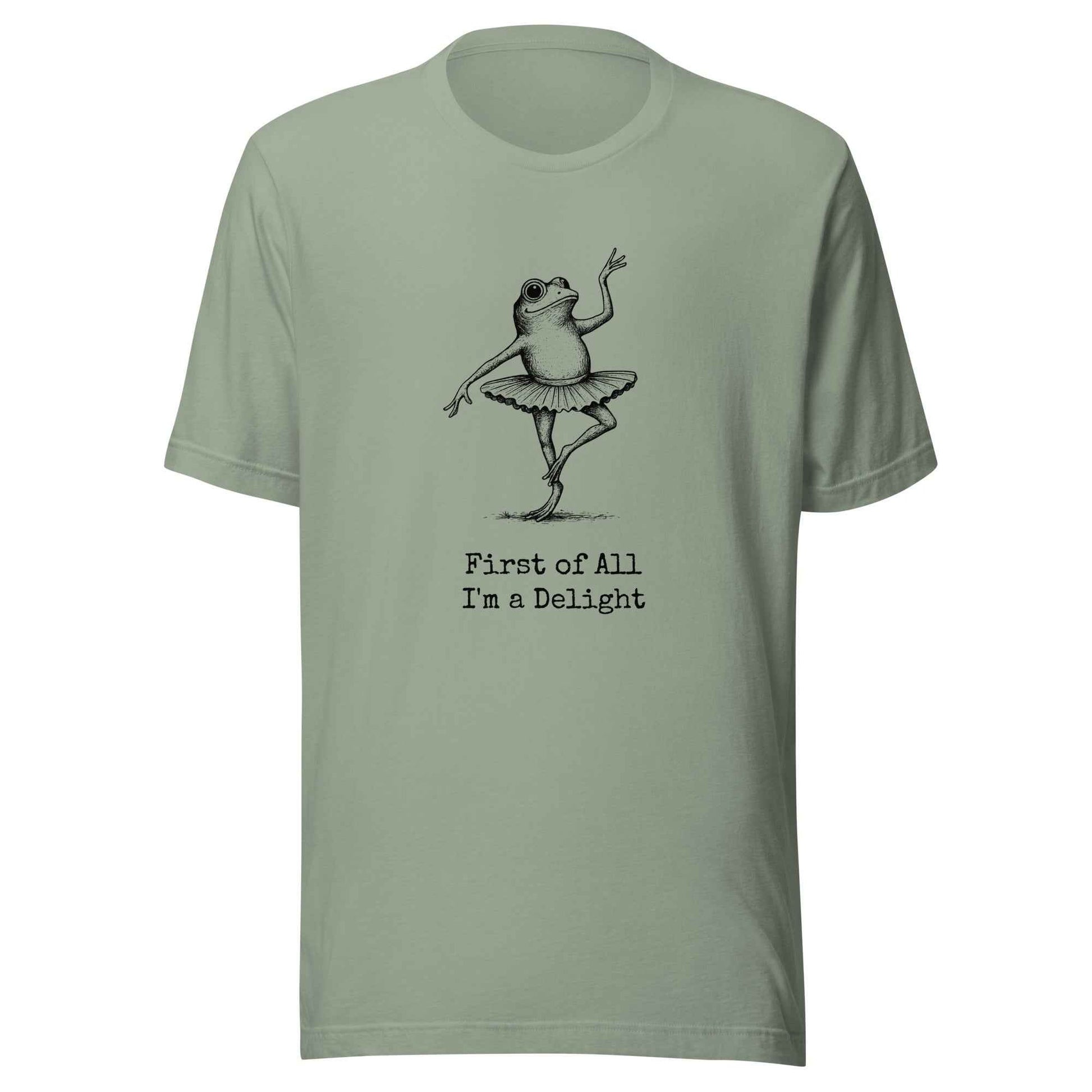 Funny Frog Ballerina T-Shirt: “First of All I’m a Delight”, frog tee gift for ballet lovers