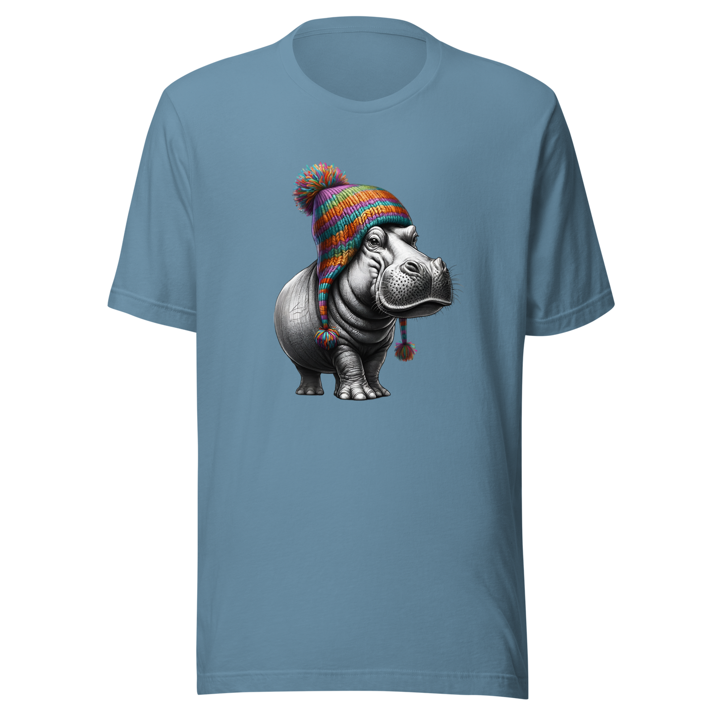 Unisex Novelty Hippo Graphic T-Shirt with Colorful Beanie