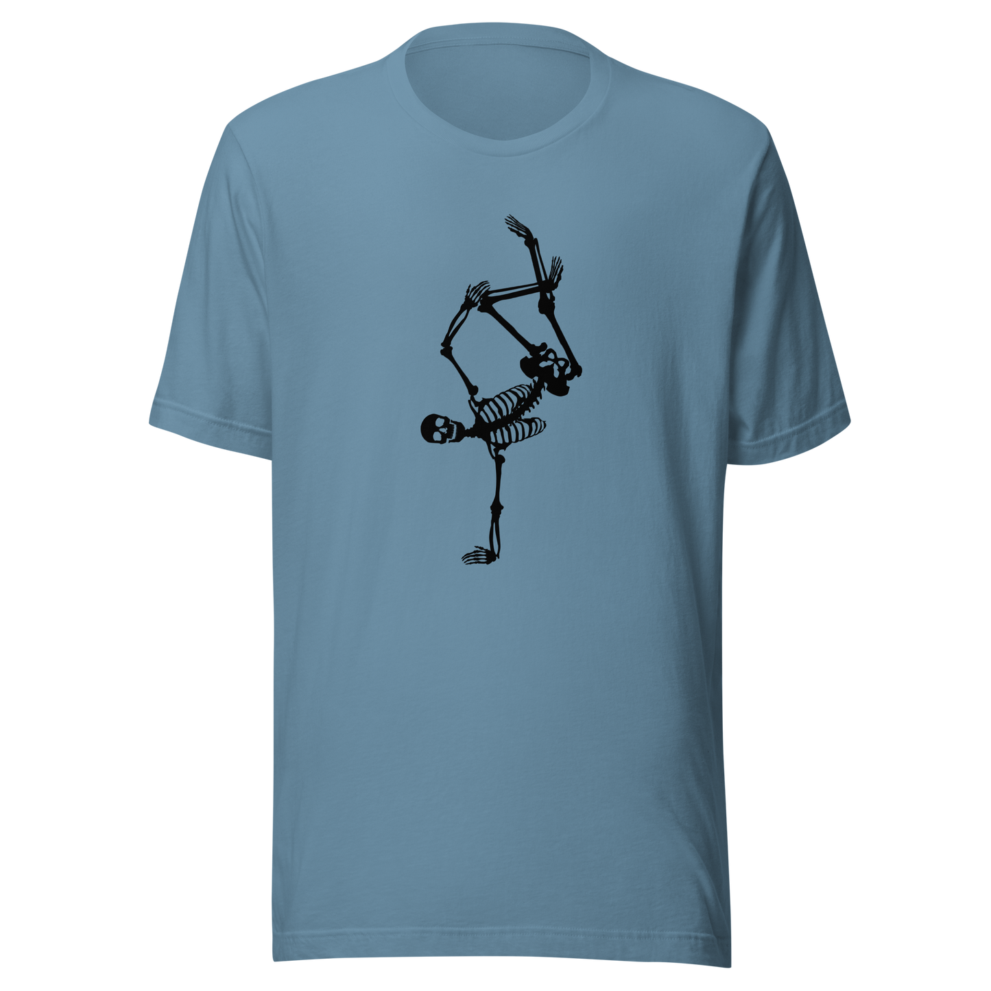 Unisex t-shirt with skeleton doing a handstand
