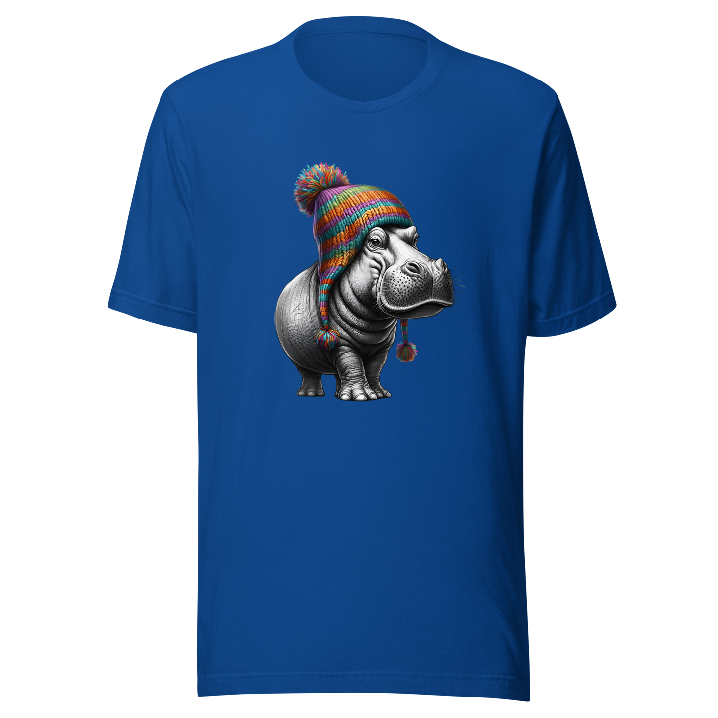 Unisex Novelty Hippo Graphic T-Shirt with Colorful Beanie