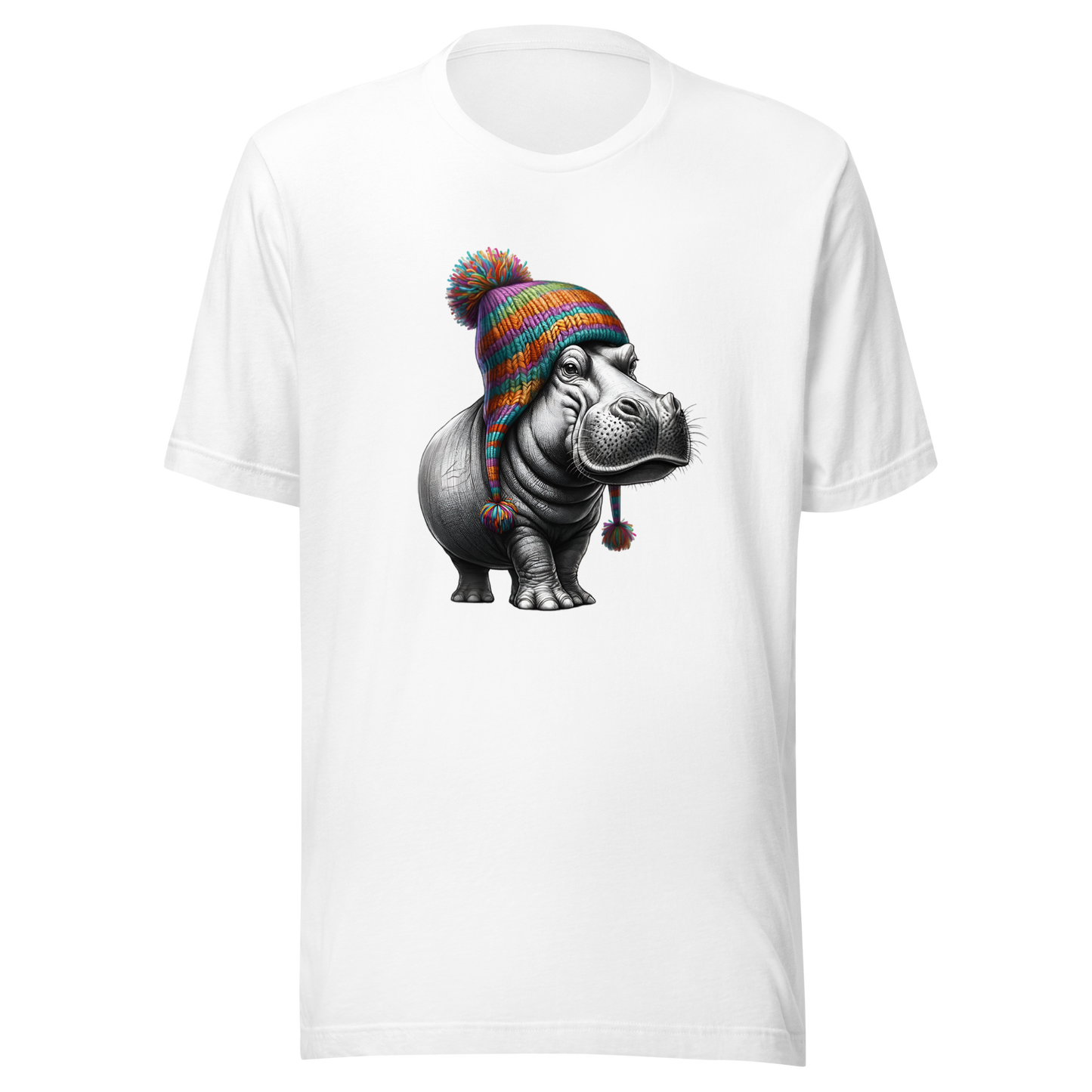 Unisex Novelty Hippo Graphic T-Shirt with Colorful Beanie
