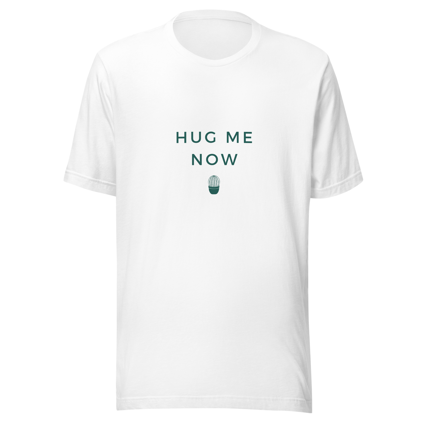 Unisex t-shirt with cactus print and an inscription "Hug me"