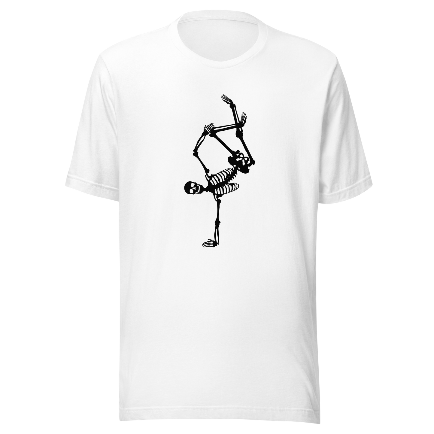 Unisex t-shirt with skeleton doing a handstand