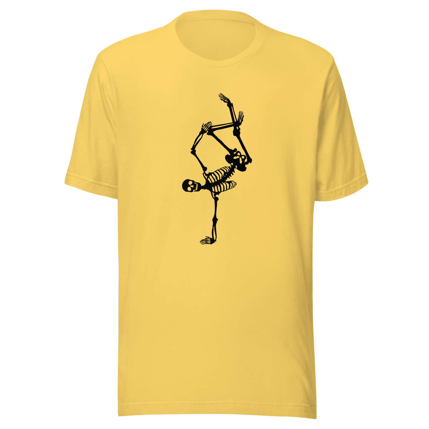 Unisex t-shirt with skeleton doing a handstand