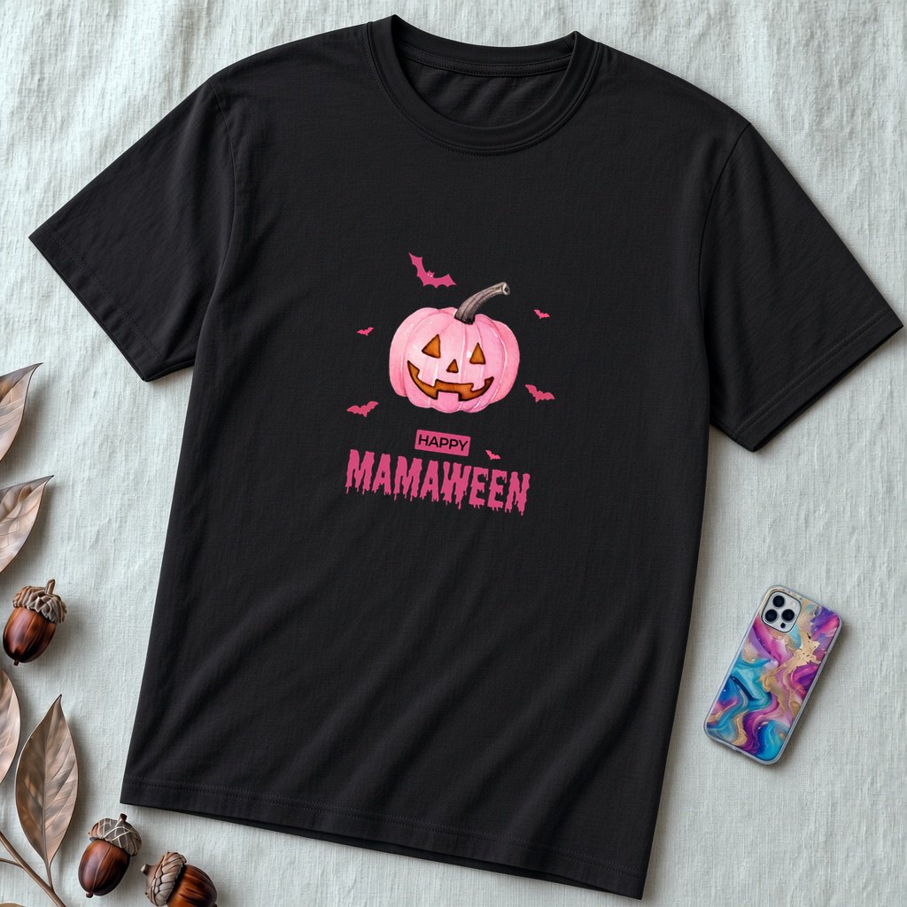 Unisex t-shirt "A Sweet Halloween. MAMAWEEN tee" - Black unfolded t-shirt mockup