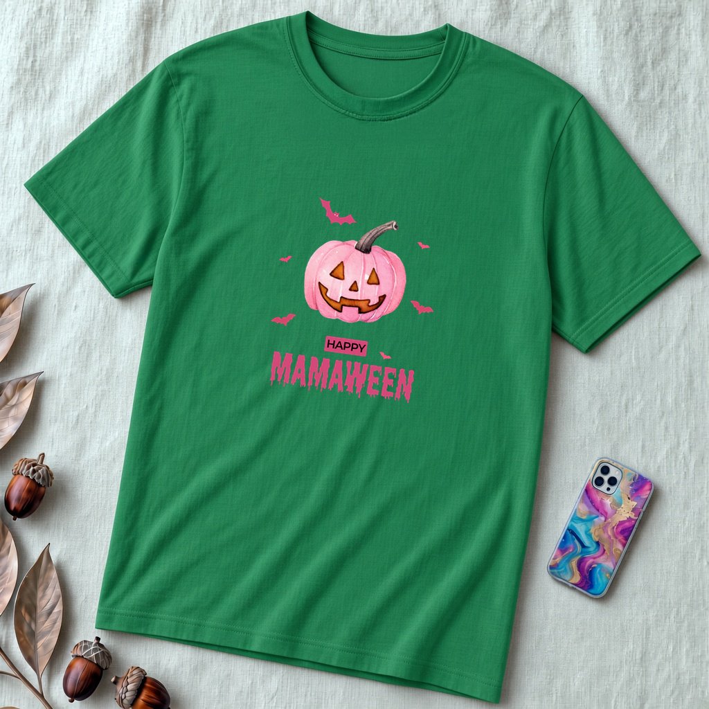 Unisex t-shirt "A Sweet Halloween. MAMAWEEN tee" - Kelly unfolded t-shirt mockup