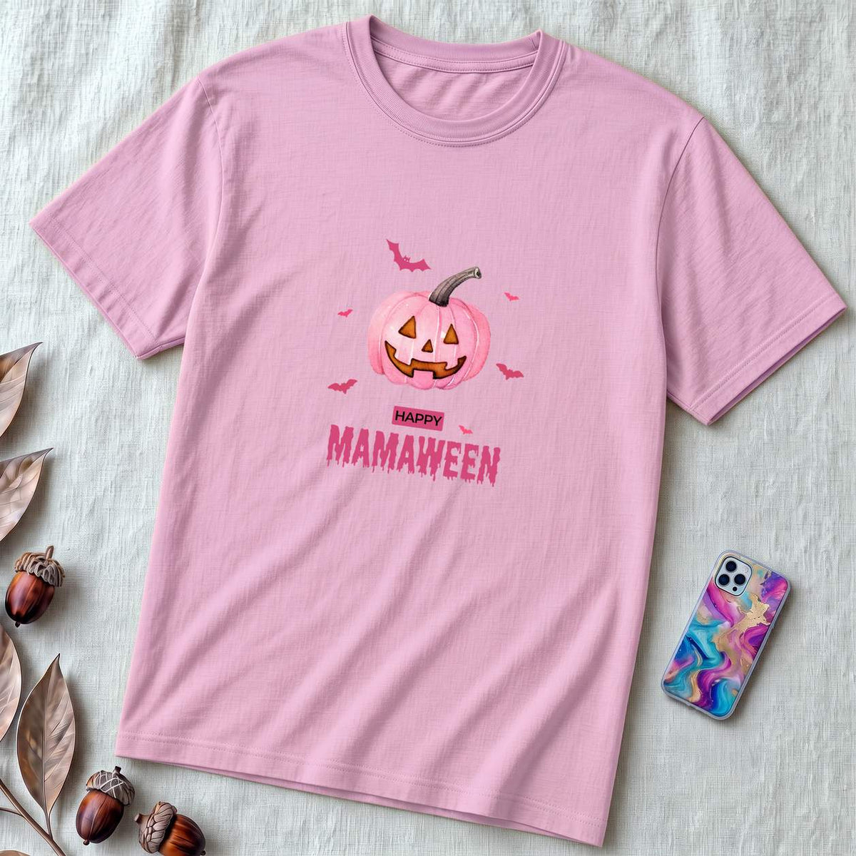 Unisex t-shirt "A Sweet Halloween. MAMAWEEN tee" - Lilac unfolded t-shirt mockup