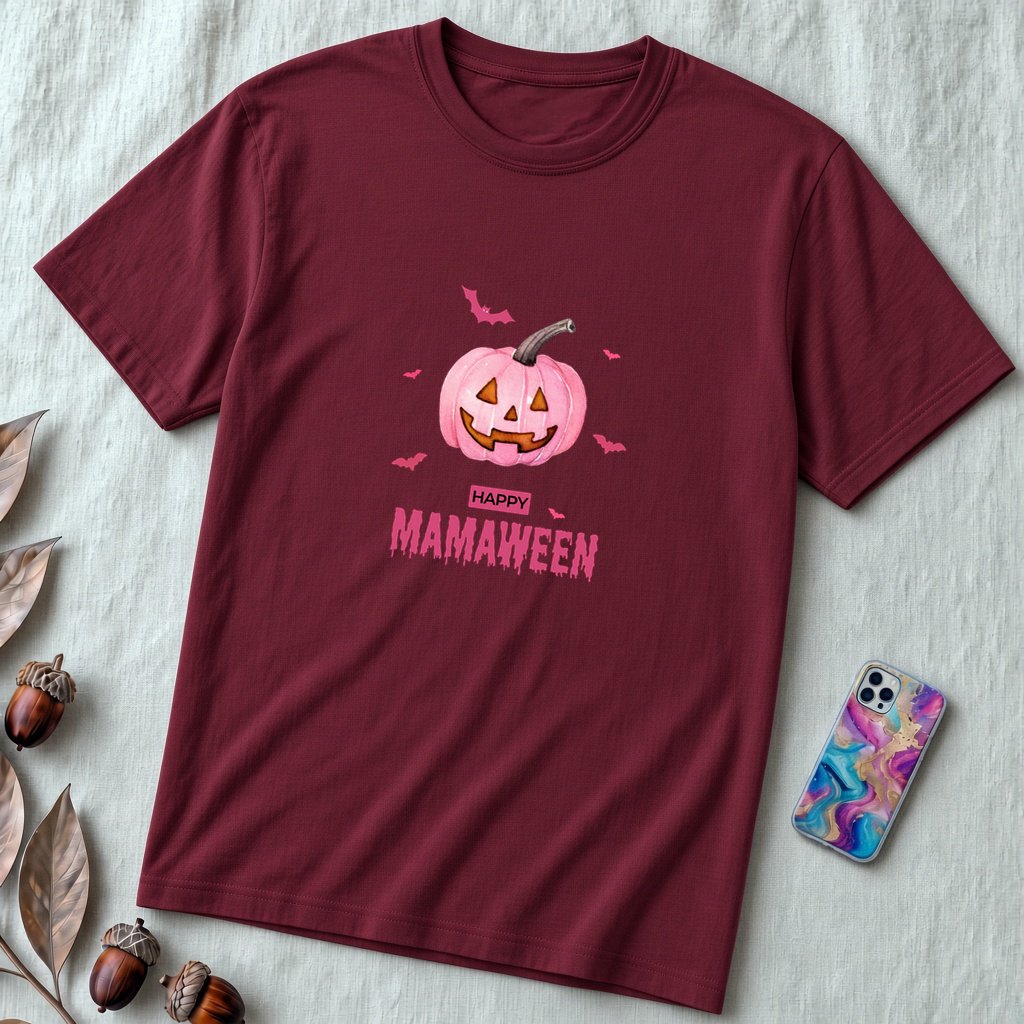 Unisex t-shirt "A Sweet Halloween. MAMAWEEN tee" - Maroon unfolded t-shirt mockup