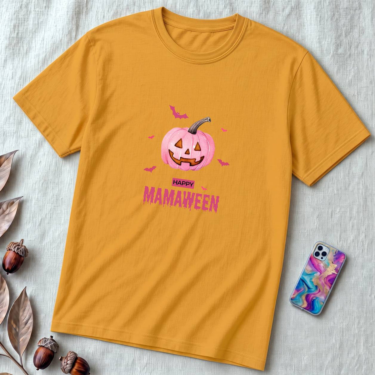 Unisex t-shirt "A Sweet Halloween. MAMAWEEN tee" - Mustard unfolded t-shirt mockup