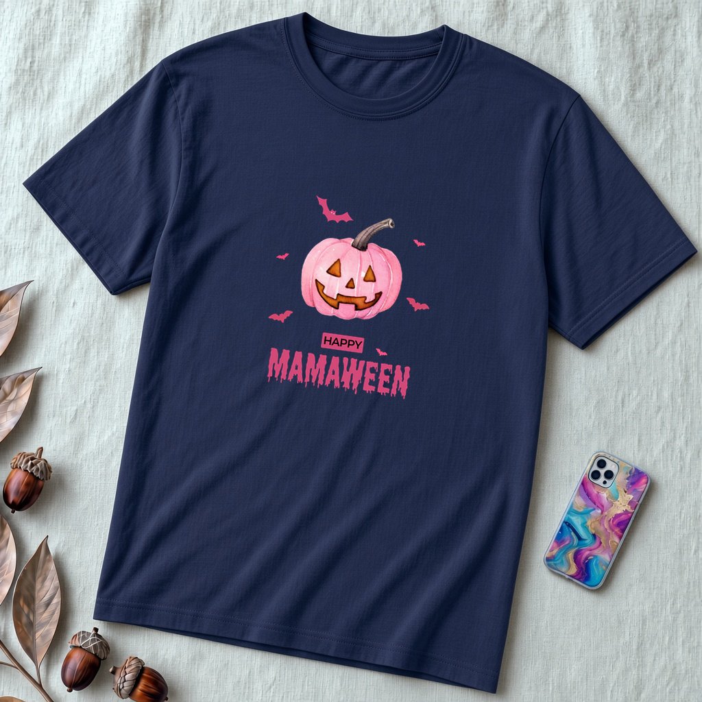 Unisex t-shirt "A Sweet Halloween. MAMAWEEN tee" - Navy unfolded t-shirt mockup