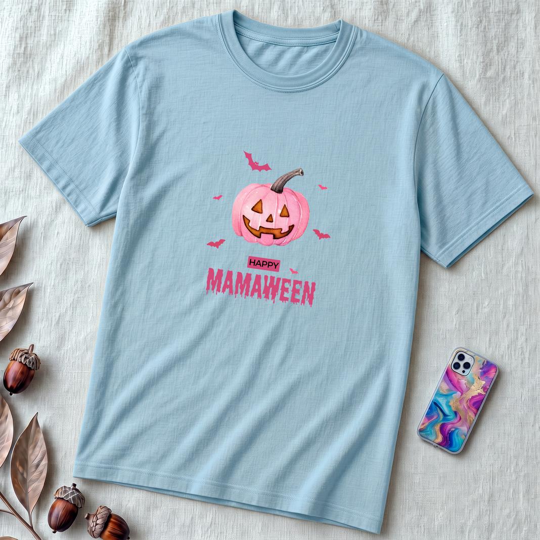 Unisex t-shirt "A Sweet Halloween. MAMAWEEN tee" - Ocean Blue unfolded t-shirt mockup