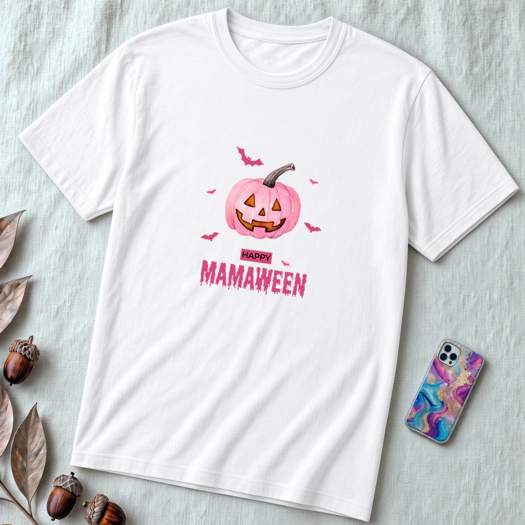 Unisex t-shirt "A Sweet Halloween. MAMAWEEN tee" - White unfolded t-shirt mockup